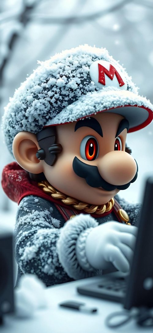 Winter Mario at Laptop