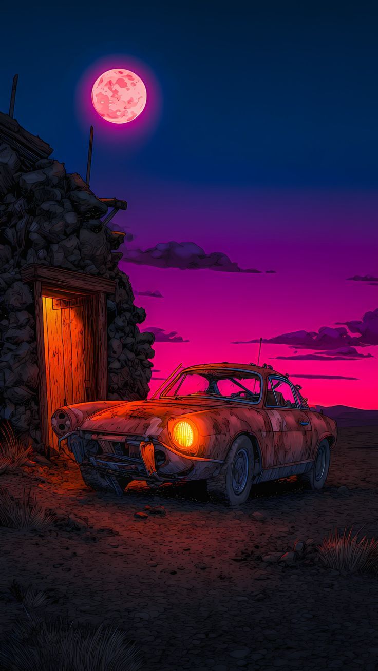 Rusty Car Under Pink Moon - cars wallpaper for OpersCraft