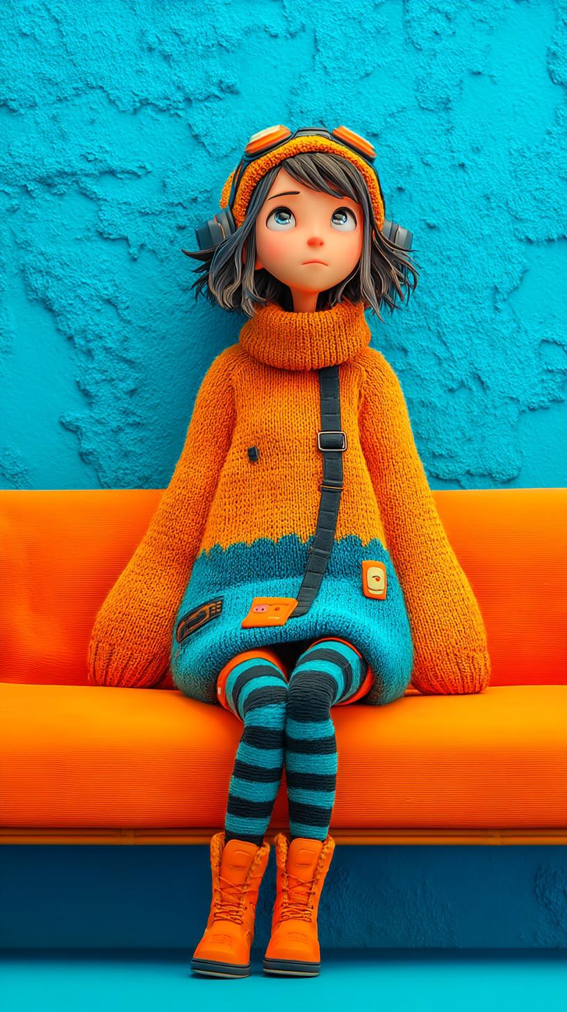 Stylized Girl on Orange Couch - cartoon wallpaper for OpersCraft