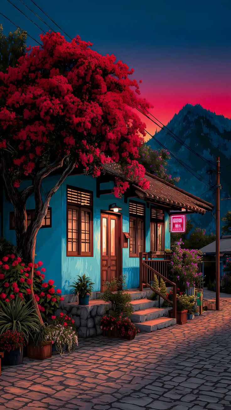 Vibrant Sunset Village Scene - landscape wallpaper for OpersCraft