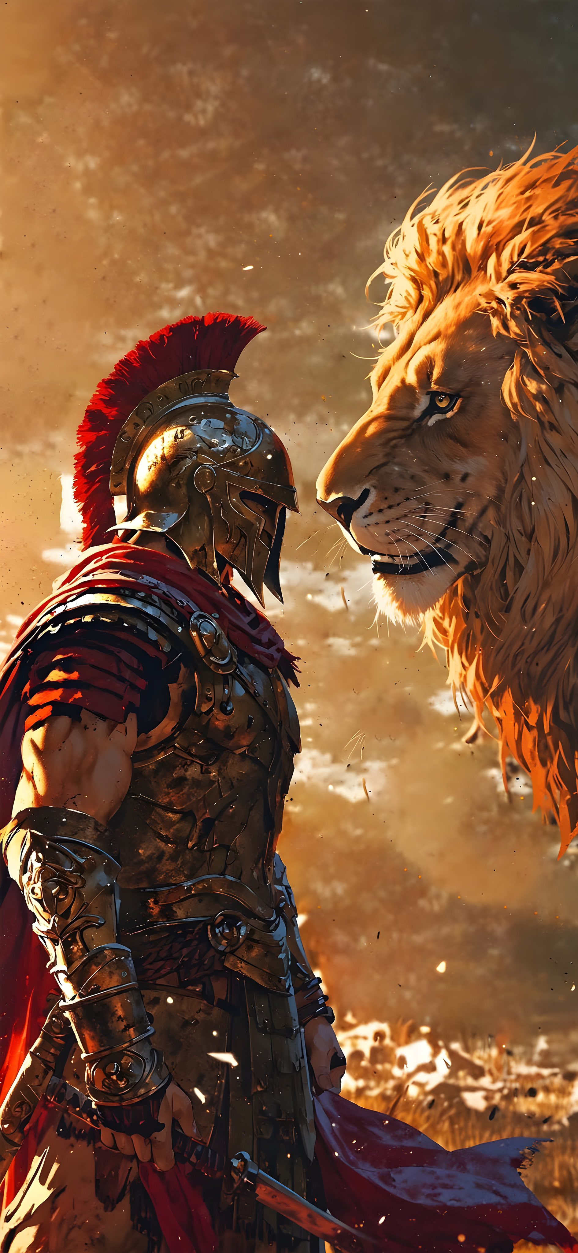Warrior and Lion Staredown - fantasy wallpaper for OpersCraft