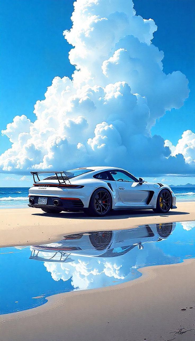 White Porsche Beach Reflection - cars wallpaper for OpersCraft