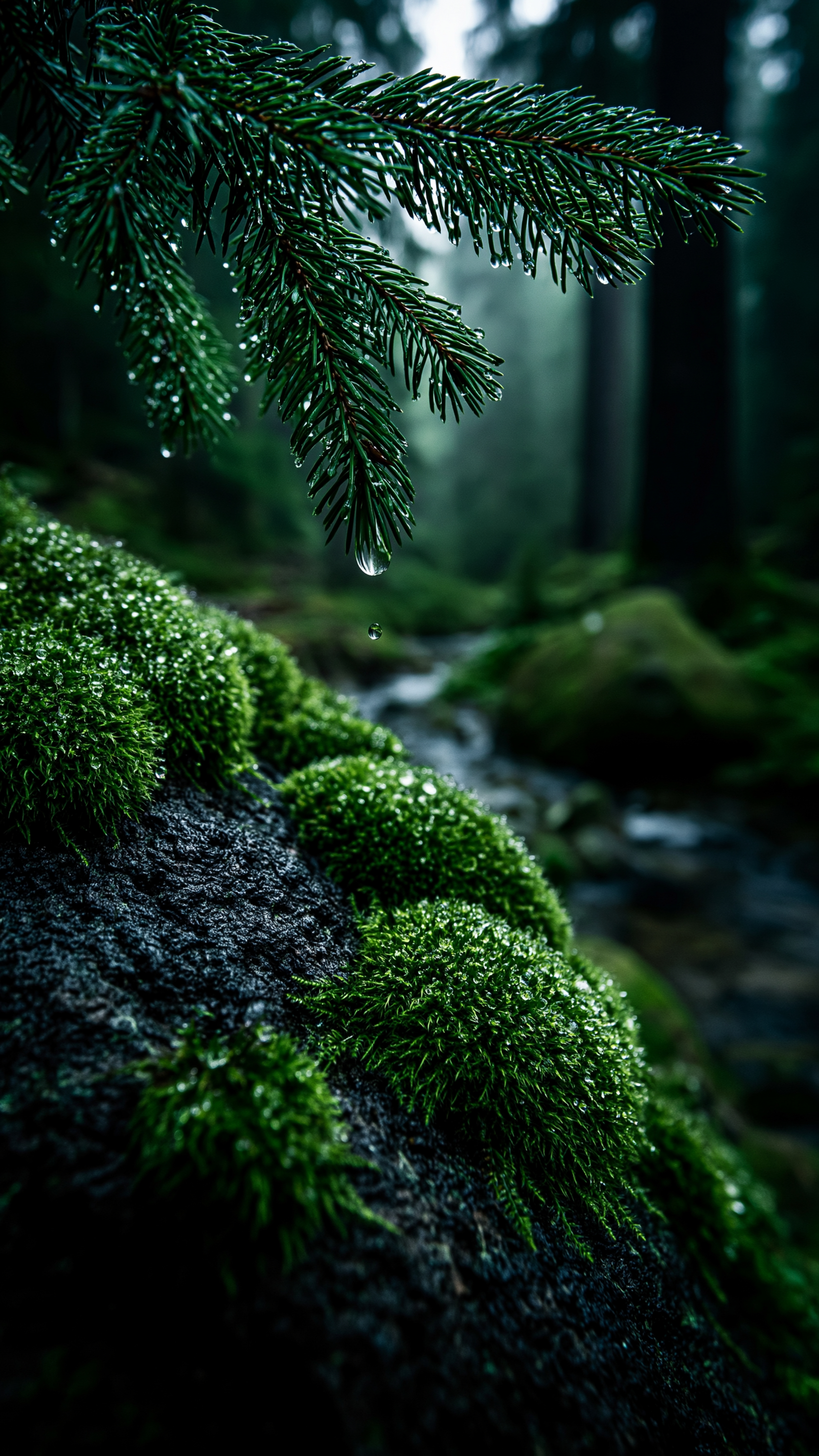 Misty Forest Pine Drops - nature wallpaper for StockWalls