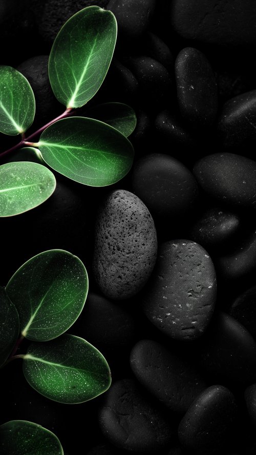 Green Leaves Black Stones - minimal Wallpaper
