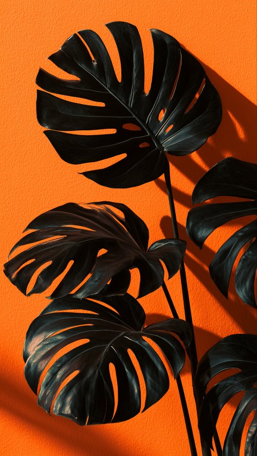Black Monstera Orange Wall - botanical Wallpaper
