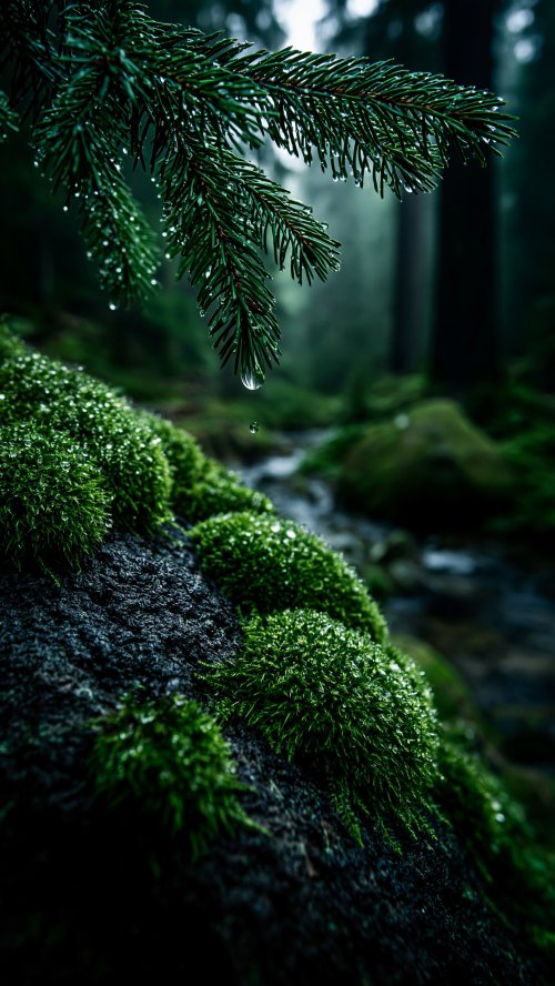 Misty Forest Pine Drops - nature Wallpaper