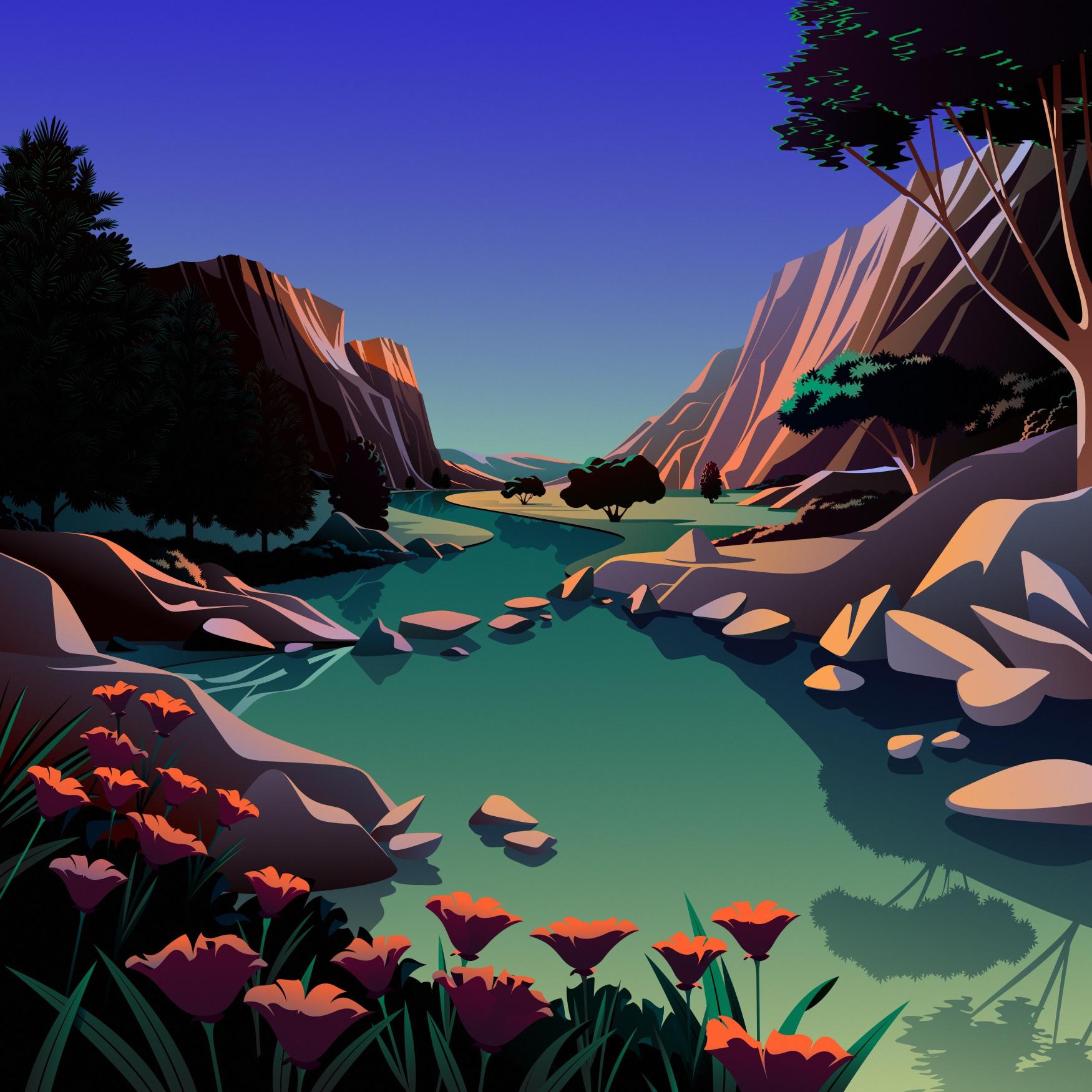 Serene Mountain River Valley - apple Wallpaper