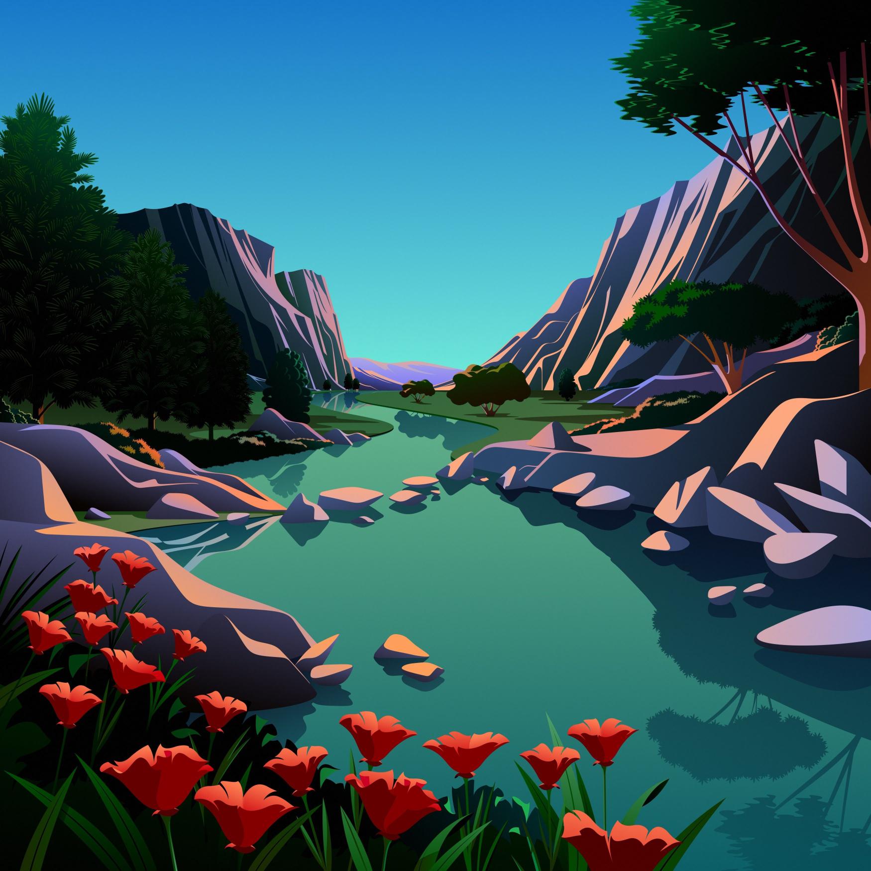 Vibrant Mountain River Scene - Related StockWalls wallpaper