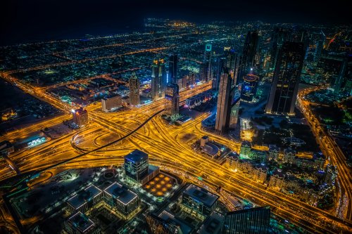 Dubai Night Cityscape Aerial